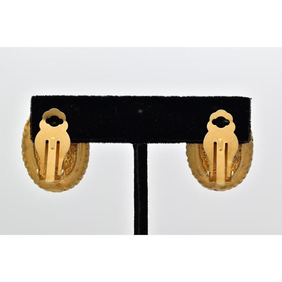 Vintage Crystal Clip On Earrings Black Oval Brushed Gold Matte Retro 1980s BinAI - Picture 10 of 12